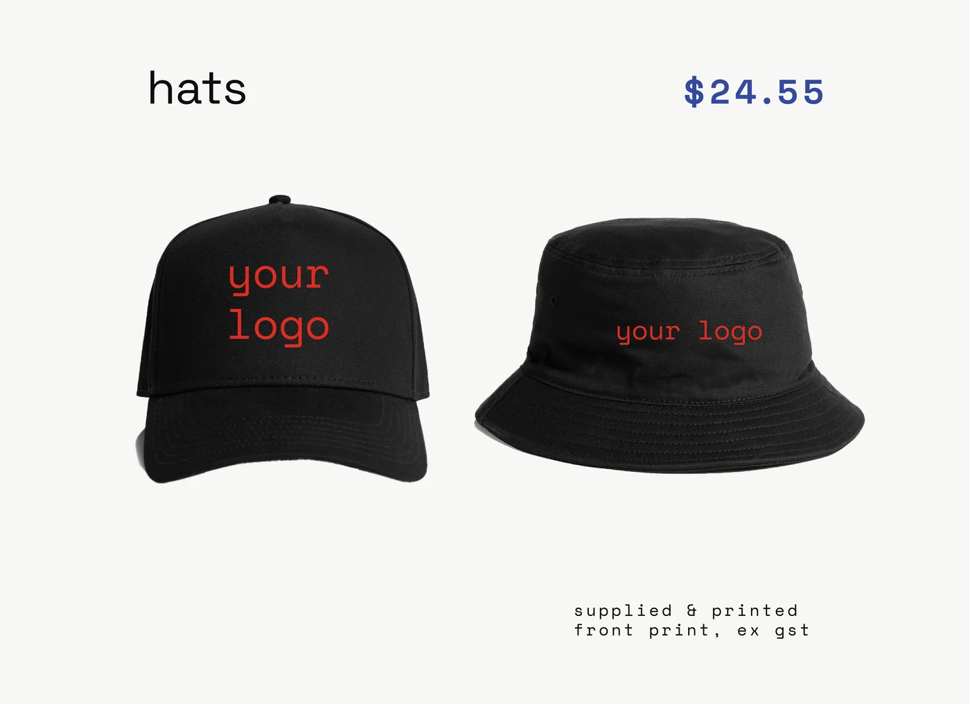 hats / headwear — supplied, printed, ex gst