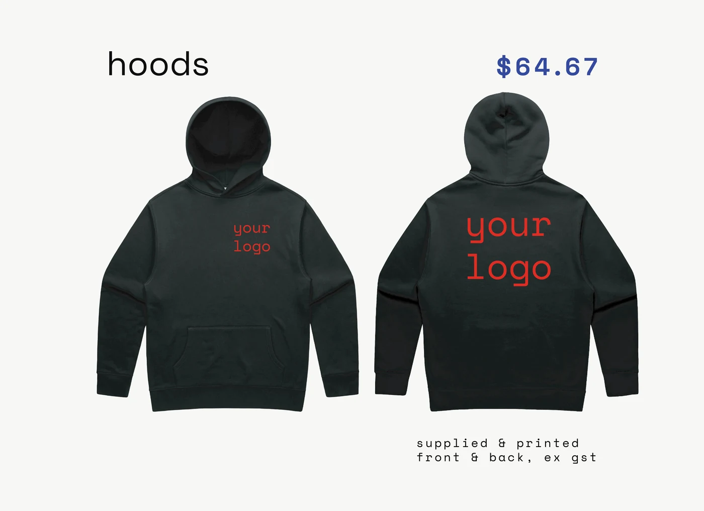 hoods — supplied, printed, ex gst