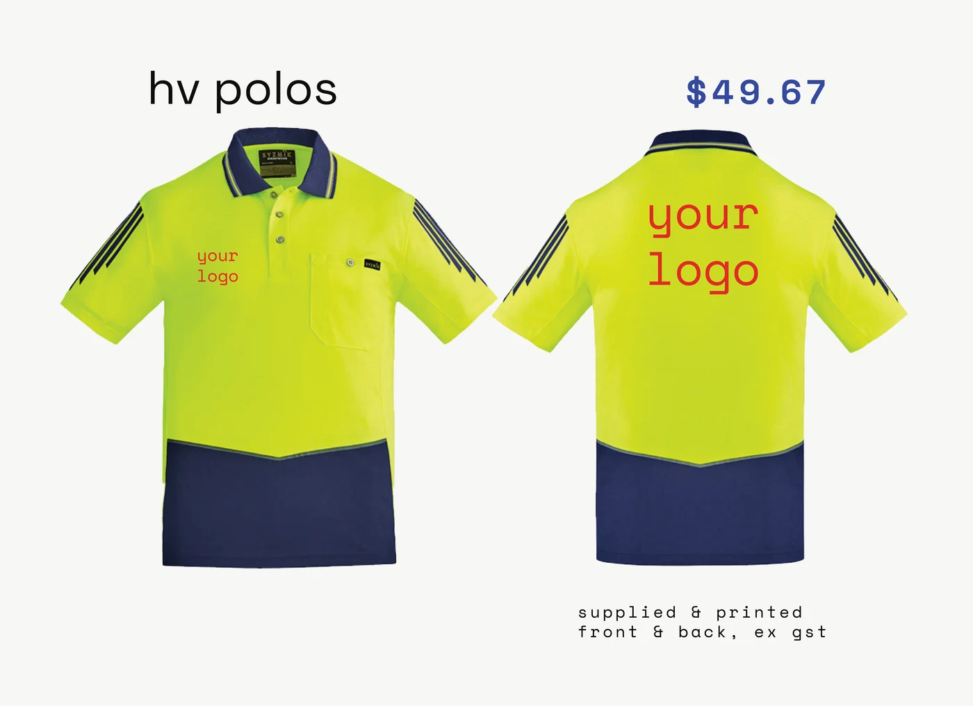 hi-vis polos — supplied, printed, ex gst