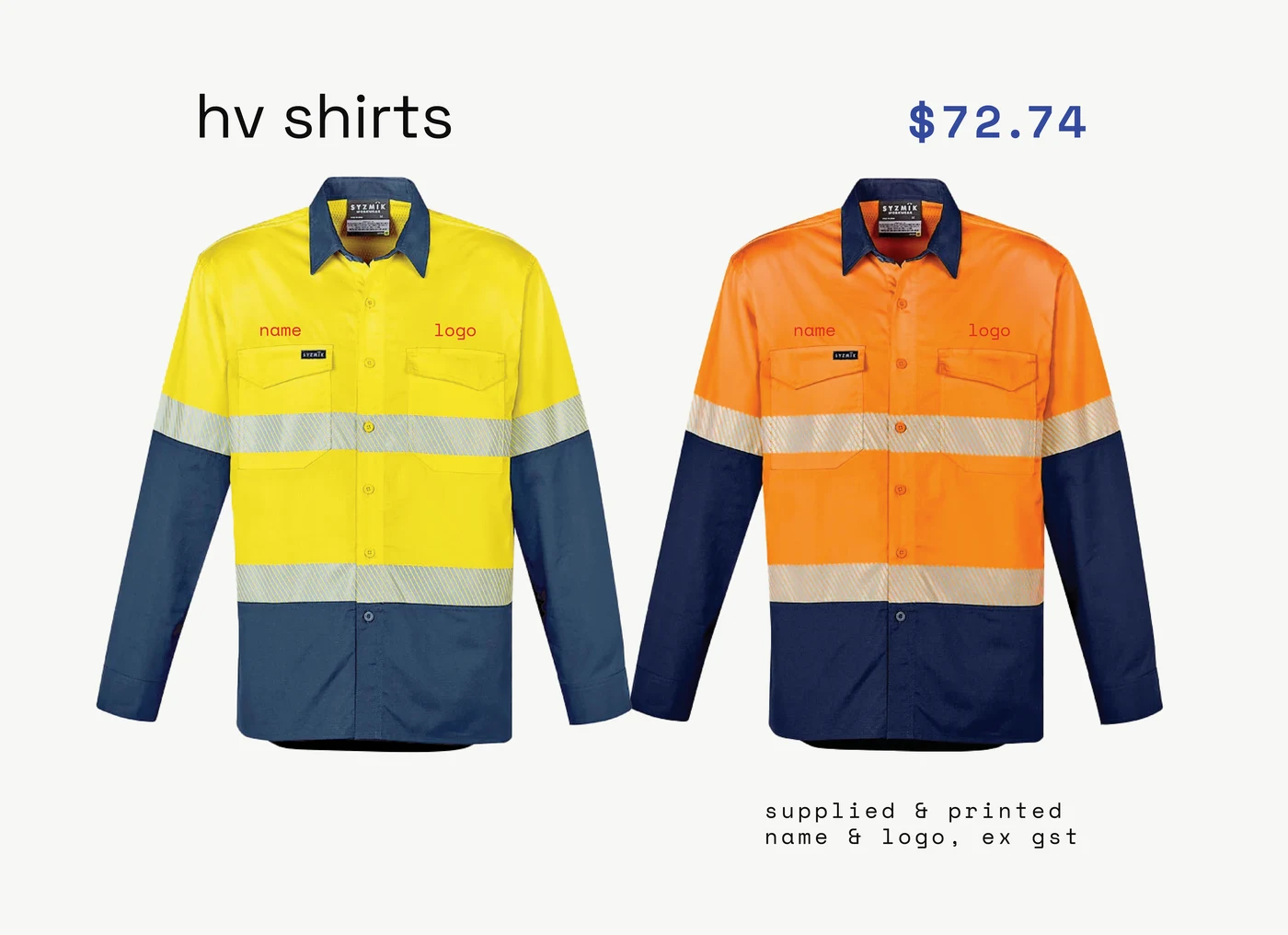 hi-vis shirts — supplied, printed, ex gst