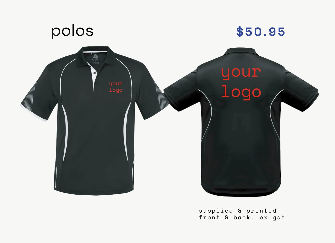 polos — supplied, printed, ex gst