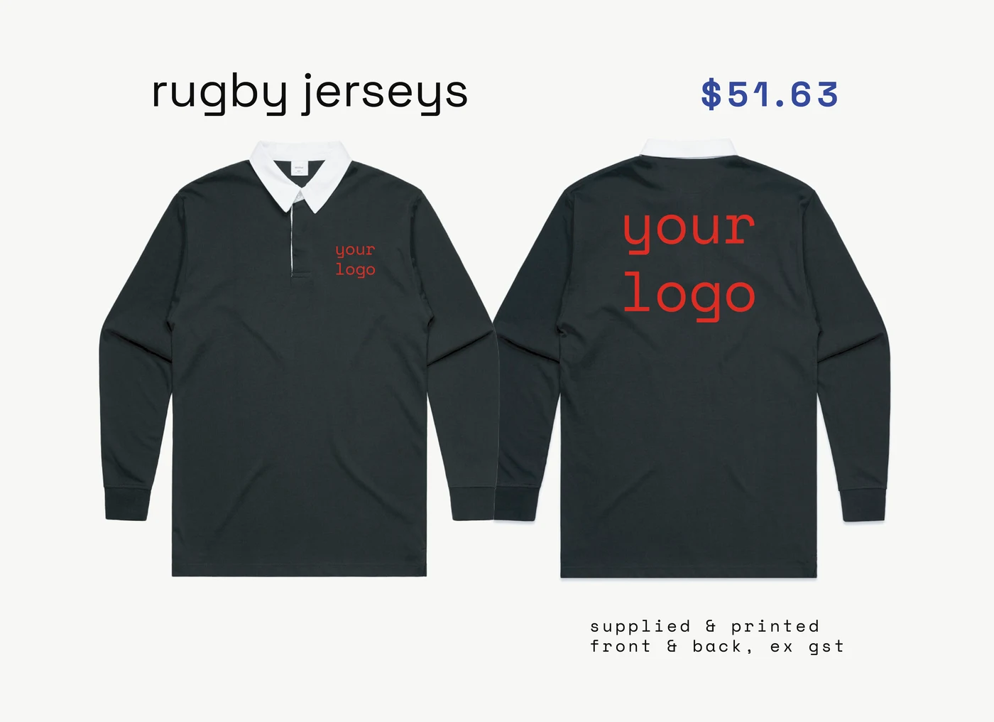 rugby jerseys — supplied, printed, ex gst