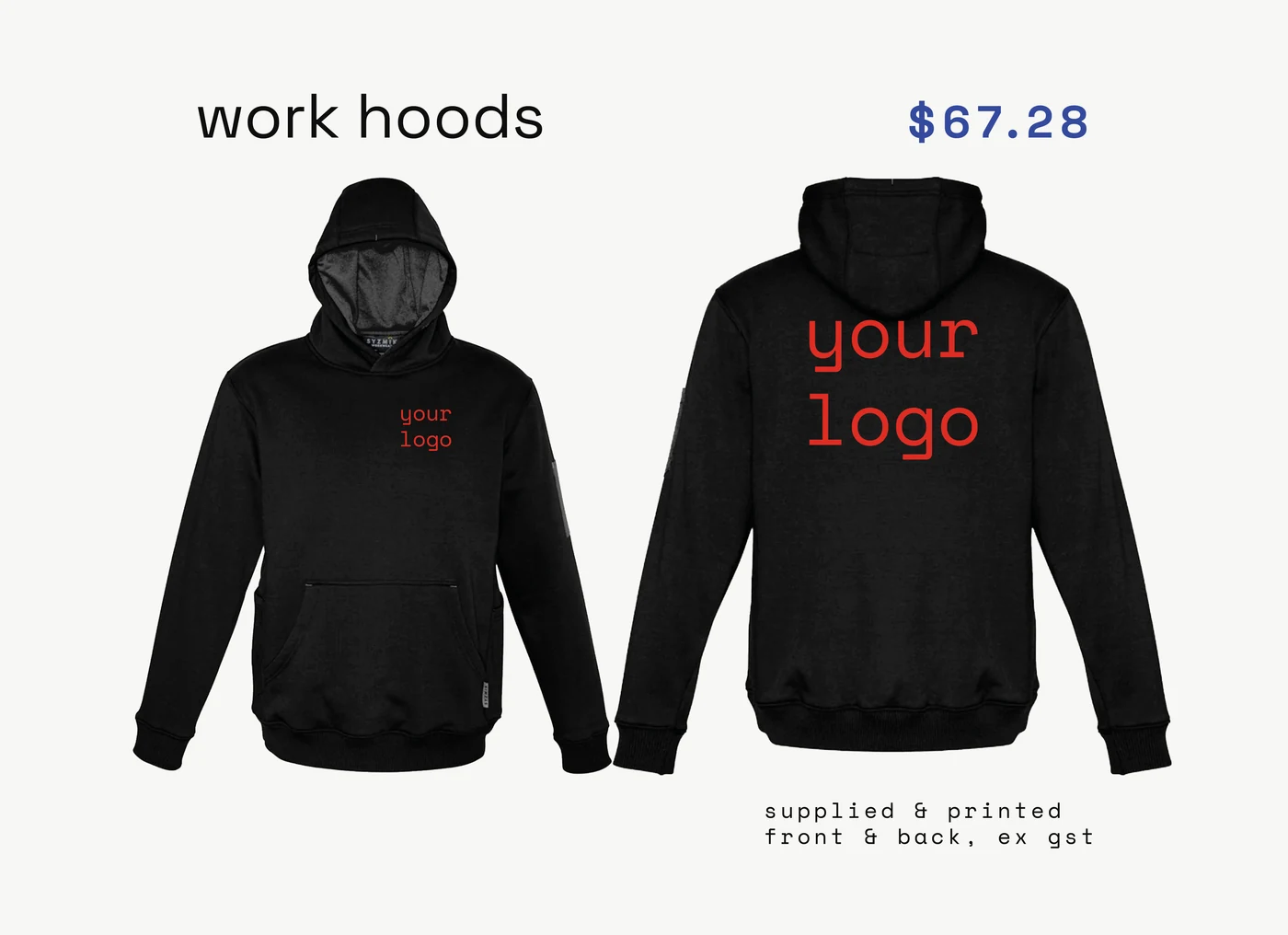 work hoods — supplied, printed, ex gst